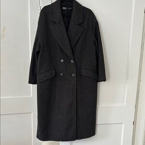 Zara Women's Charcoal Double-Breasted Tweed Coat